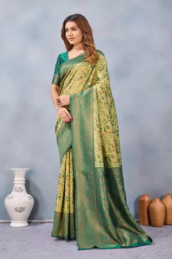 Parrot green silk blend banarasi saree with unstitched blouse piece