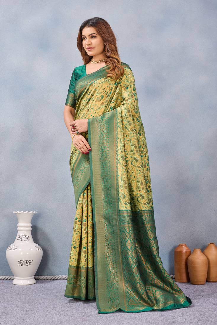 Parrot green silk blend banarasi saree with unstitched blouse piece