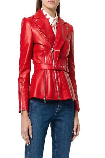 women's red lambskin leather biker jacket classic moto zip style luxury