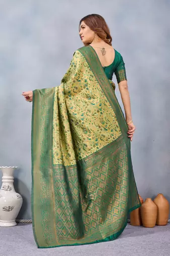 Parrot green silk blend banarasi saree with unstitched blouse piece