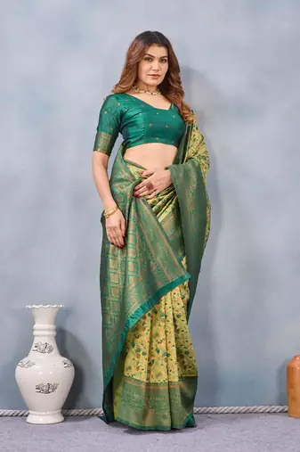 Parrot green silk blend banarasi saree with unstitched blouse piece
