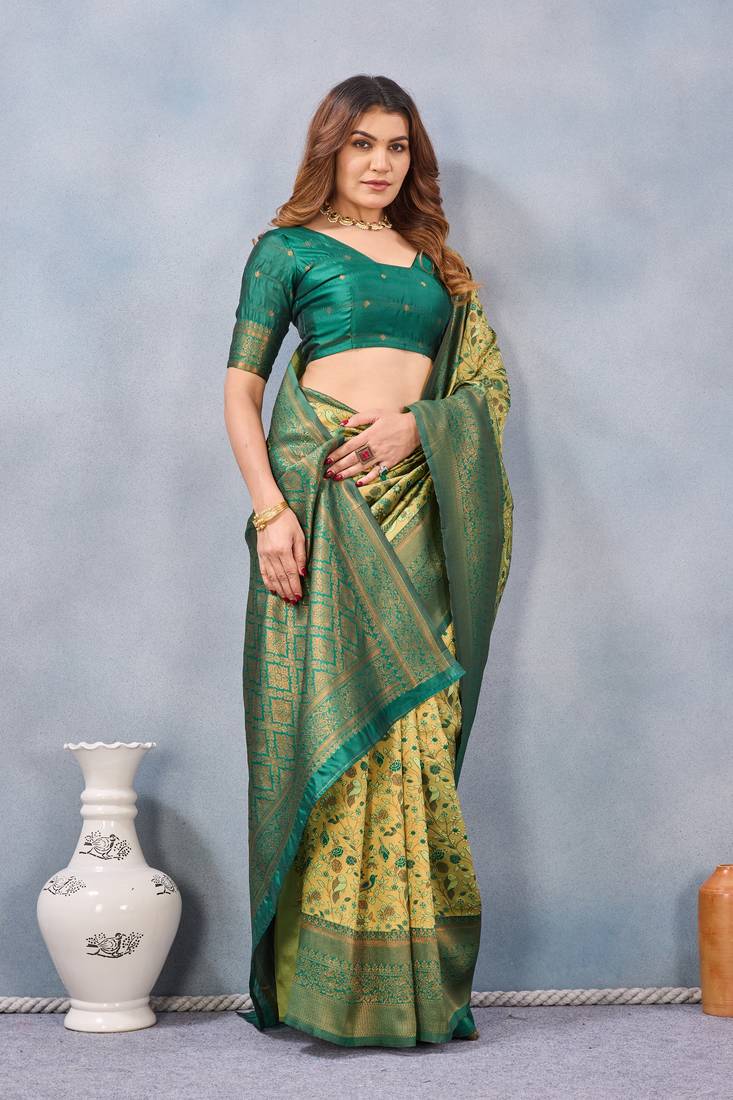 Parrot green silk blend banarasi saree with unstitched blouse piece