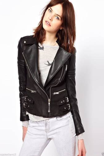 Women’s black lambskin leather jacket -asymmetrical zipper& button  detail stylish look