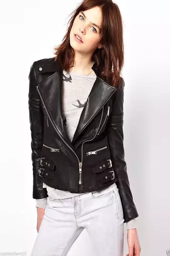 women's black premium lambskin leather jacket asymmetrical zip closure top grade