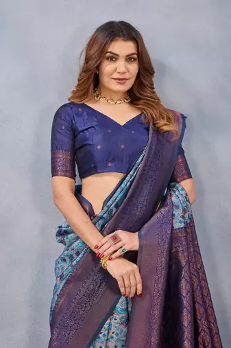 Turquoise silk blend banarasi saree with blouse 