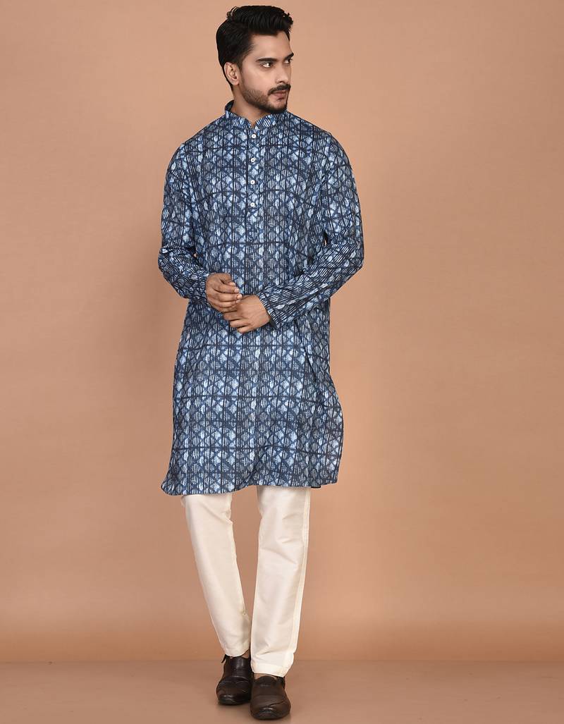 Men's designer geometric printed cotton kurta