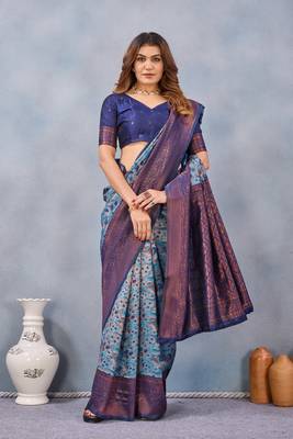 Turquoise silk blend banarasi saree with blouse  3