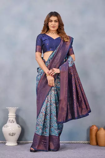 Turquoise silk blend banarasi saree with blouse 