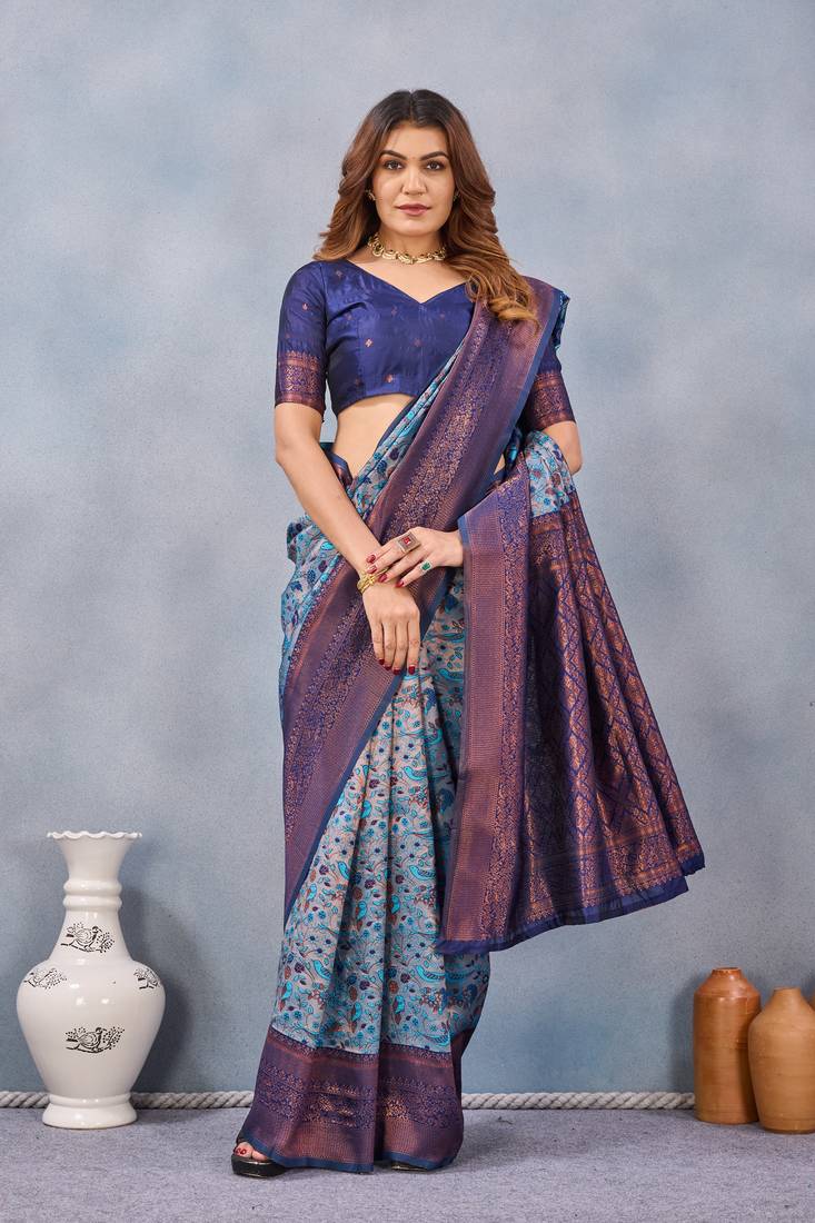 Turquoise silk blend banarasi saree with blouse 