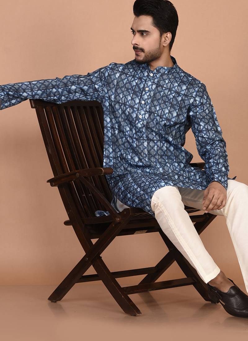 Men's designer geometric printed cotton kurta