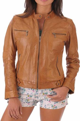 women's brown lambskin leather biker jacket classic moto zip style premium superior