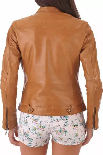 women's brown lambskin leather biker jacket classic moto zip style premium superior