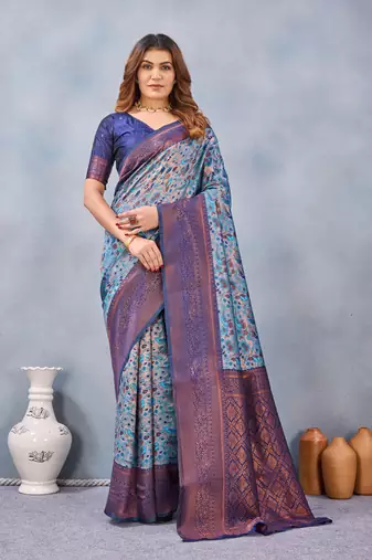 Turquoise silk blend banarasi saree with blouse 