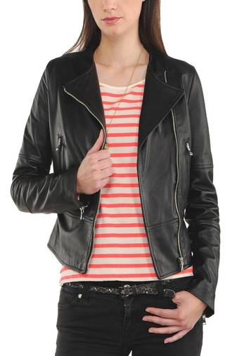 women's black lambskin leather biker jacket classic moto zip style genuine classic