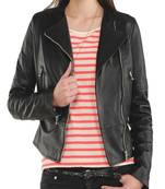 Women's black lambskin leather jacket- multiple zipperdretail  biker detail stylish look