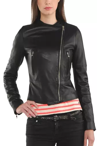 women's black lambskin leather biker jacket classic moto zip style genuine classic