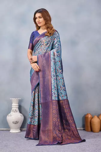 Turquoise silk blend banarasi saree with blouse 
