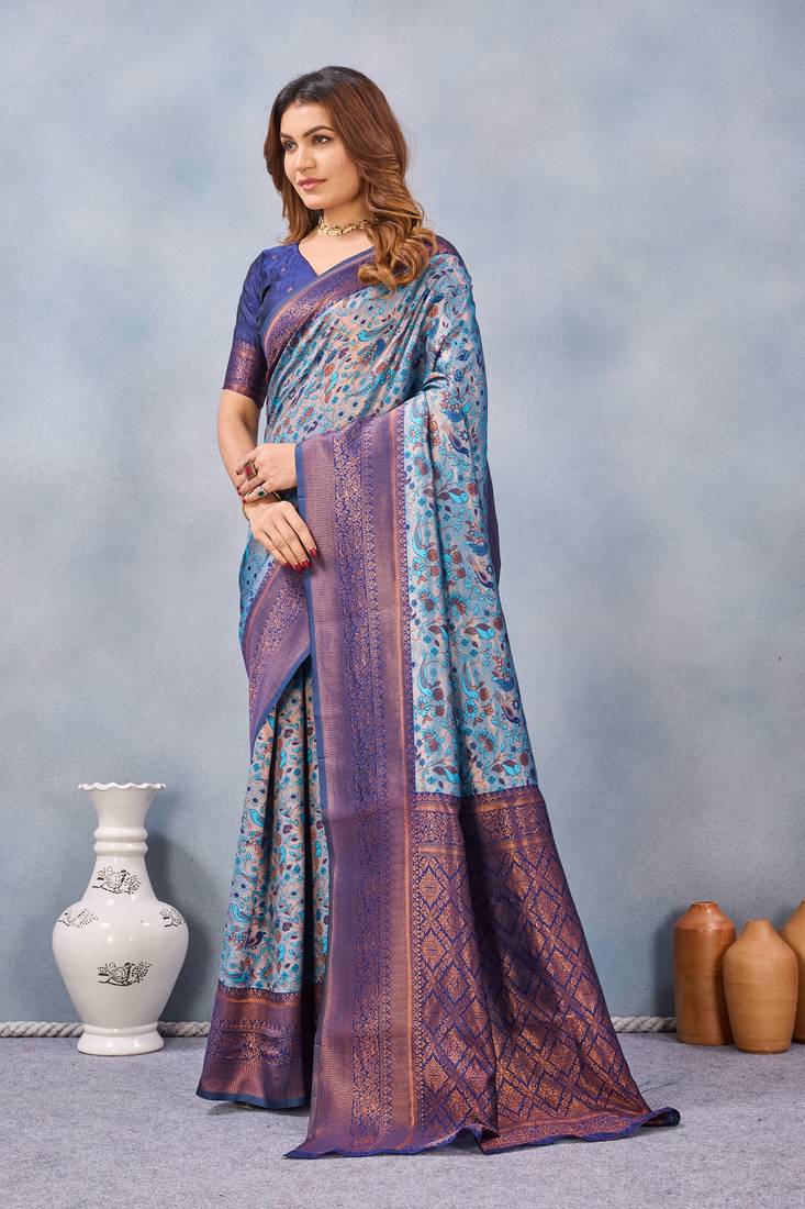 Turquoise silk blend banarasi saree with blouse 