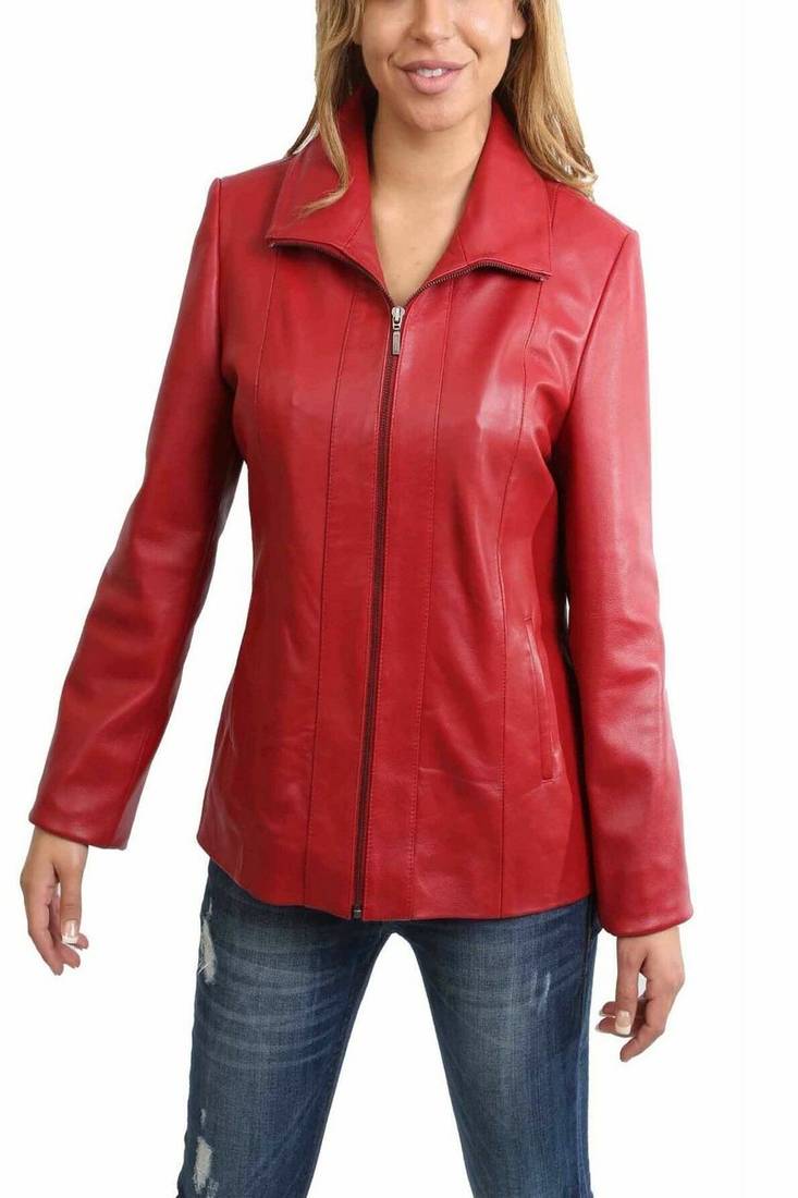 Women’s red lambskin leather jacket- multiple zipper & stylish look