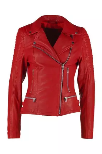 women's red premium lambskin leather jacket asymmetrical zip closure exclusive