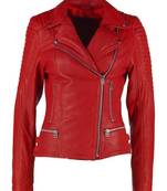 women's red premium lambskin leather jacket asymmetrical zip closure exclusive