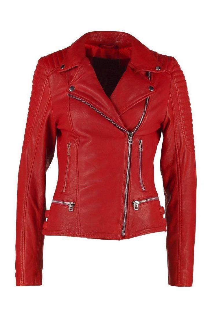 women's red premium lambskin leather jacket asymmetrical zip closure exclusive