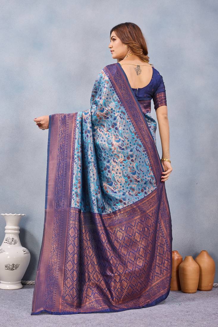 Turquoise silk blend banarasi saree with blouse 