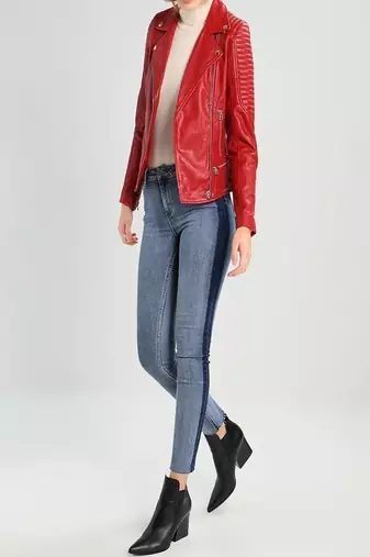 women's red premium lambskin leather jacket asymmetrical zip closure exclusive