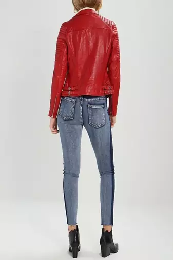 women's red premium lambskin leather jacket asymmetrical zip closure exclusive
