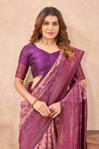 Light pink silk blend banarasi saree with unstitched blouse piece