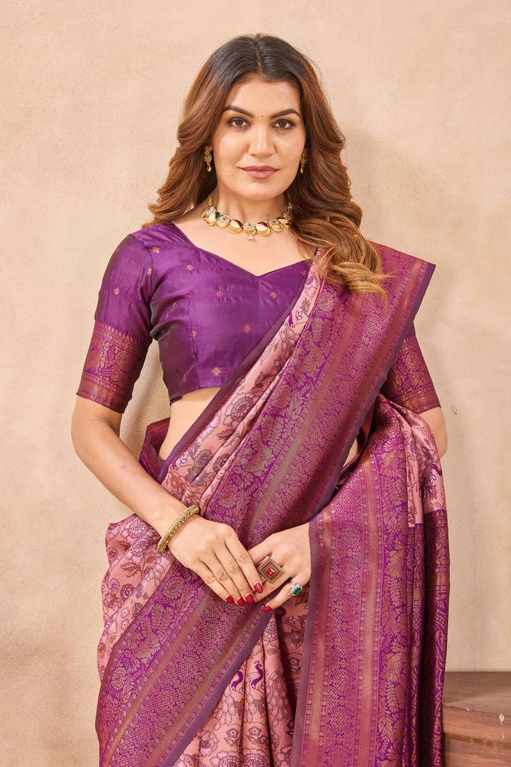 Light pink soft silk blend banarasi jacuard work designer party wear saree with unstitched blouse piece