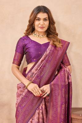 Light pink silk blend banarasi saree with unstitched blouse piece 1