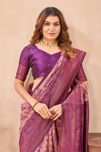 Light pink silk blend banarasi saree with unstitched blouse piece