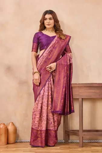 Light pink silk blend banarasi saree with unstitched blouse piece
