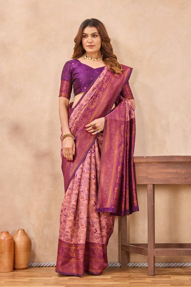 Light pink silk blend banarasi saree with unstitched blouse piece