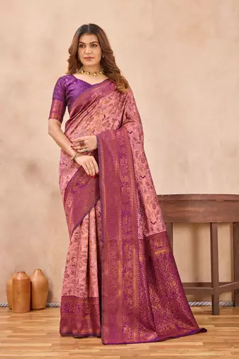 Light pink silk blend banarasi saree with unstitched blouse piece