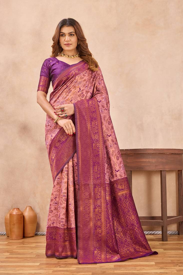 Light pink silk blend banarasi saree with unstitched blouse piece