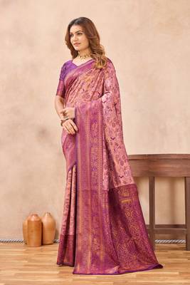 Light pink silk blend banarasi saree with unstitched blouse piece 4