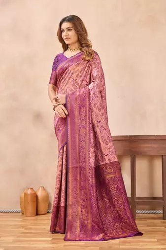 Light pink silk blend banarasi saree with unstitched blouse piece