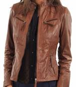 women's brown lambskin leather biker jacket classic moto zip style premium refined