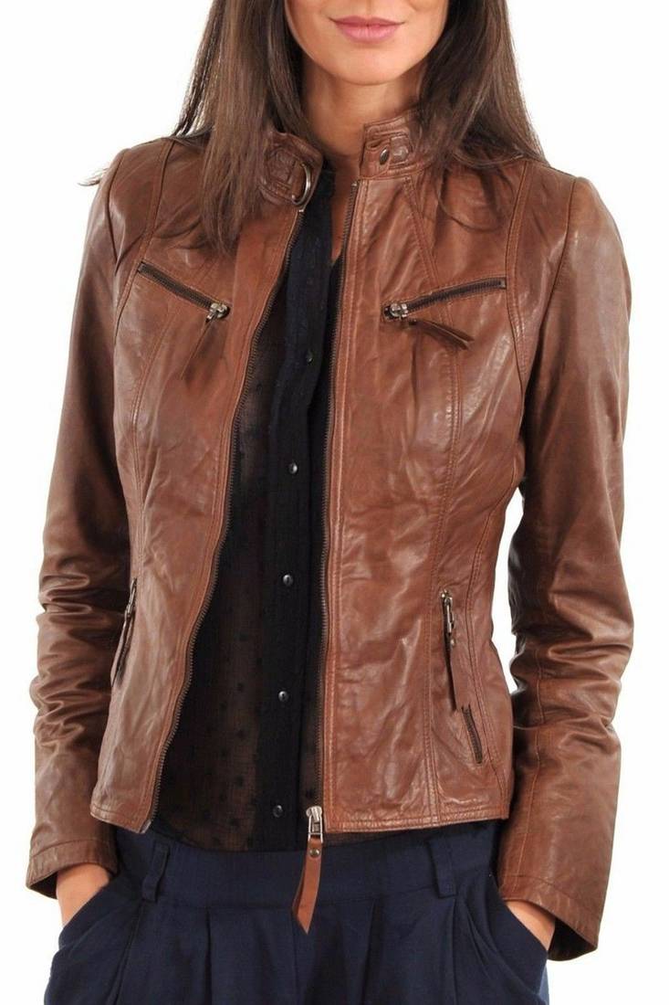 women's brown lambskin leather biker jacket classic moto zip style premium refined