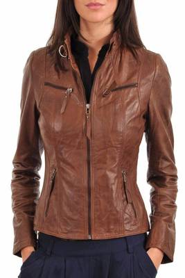 women's brown lambskin leather biker jacket classic moto zip style premium refined 2