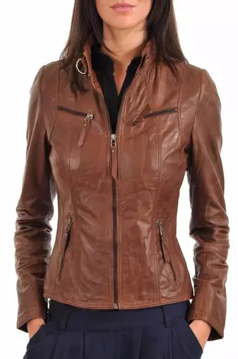 women's brown lambskin leather biker jacket classic moto zip style premium refined