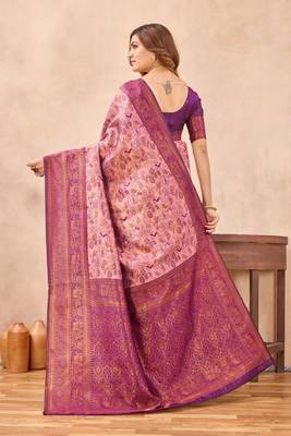 Light pink silk blend banarasi saree with unstitched blouse piece 5