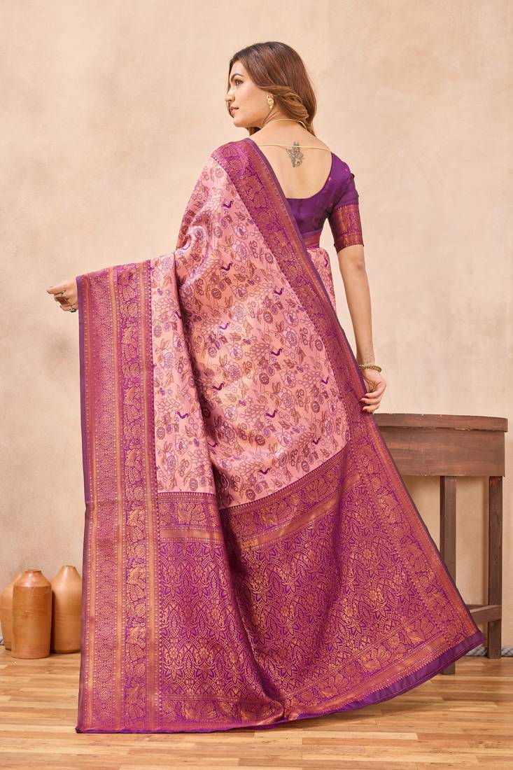 Light pink silk blend banarasi saree with unstitched blouse piece