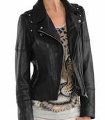 Women's black  lambskin leather jacket- zipper detail  biker stylish look