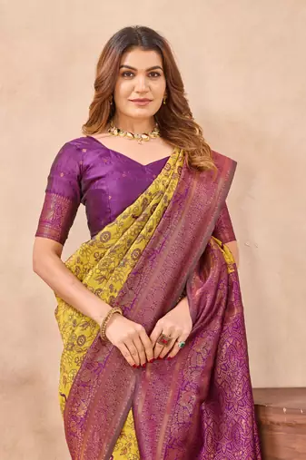 Mustard wine silk blend banarasi saree with unstitched blouse piece