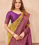 Mustard wine silk blend banarasi saree with unstitched blouse piece
