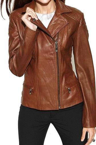 Women's brown lambskin leather jacket- zipper detail biker stylish slim fit