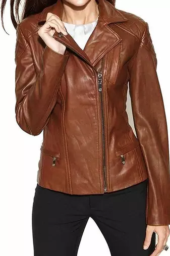 women's brown lambskin leather biker jacket classic moto zip style premium elegant